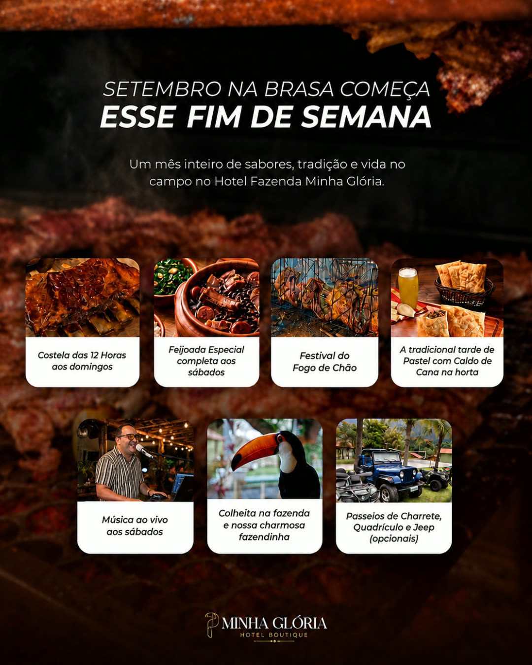 Setembro na Brasa — programação do mês no Hotel Fazenda Minha Glória